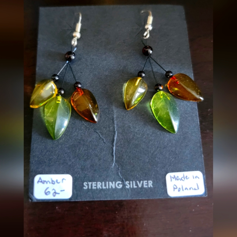 Amber Leaf Dangling Sterling Silver Earrings - image 1